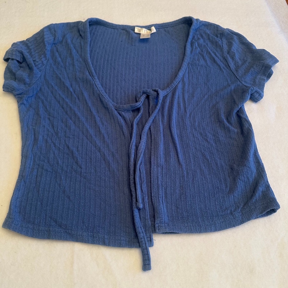 Revamped Top Womens Small Blue Ribbed Tie Front Short Sleeve Crop Cardigan Y2K